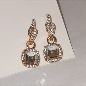 Yellow Gold Faux Diamond Drop Earrings Asscher Cut & Pave Stones